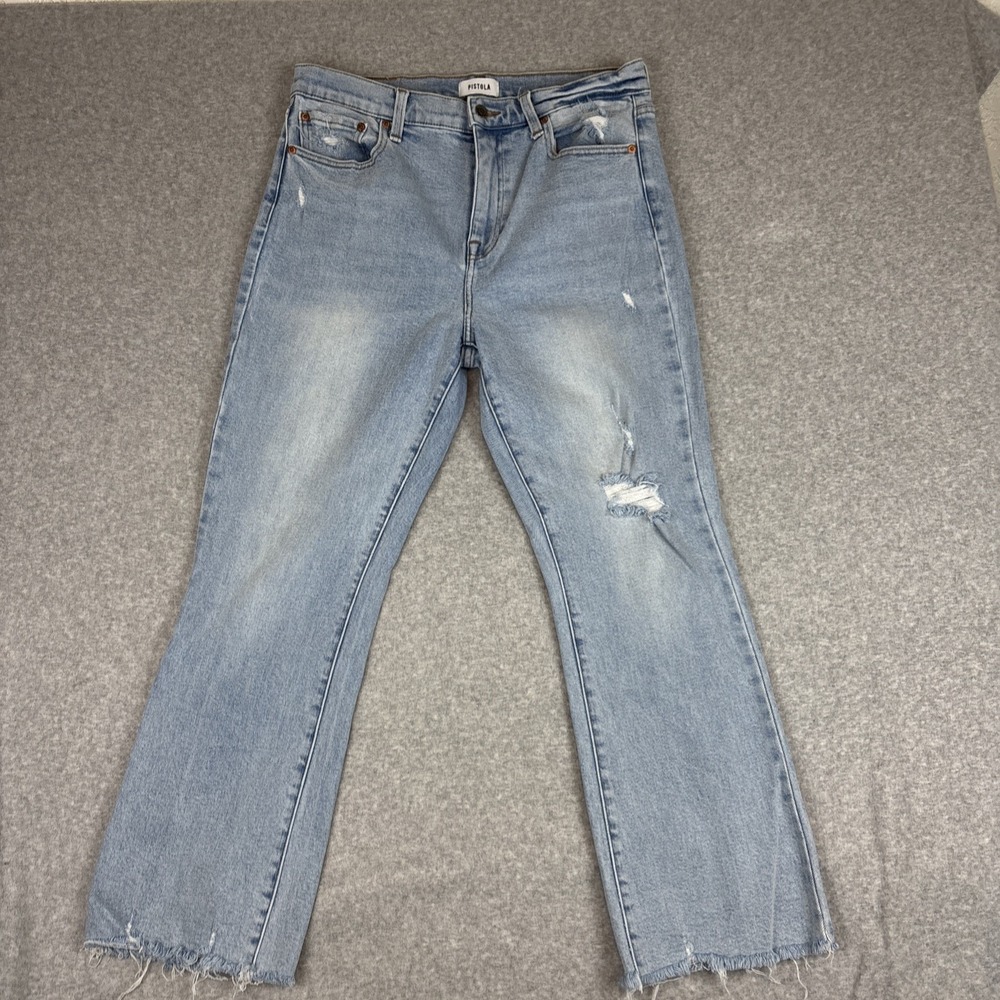 Pistola Lennon Boot Jeans Womens Sz 31 Blue Lt Wash High Rise Raw Hem Distressed